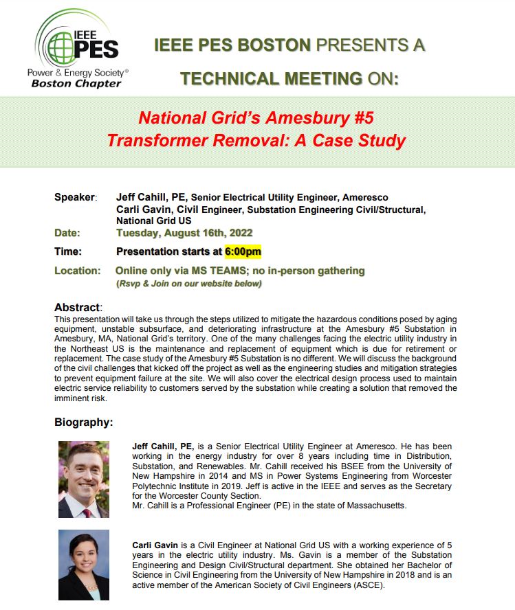 IEEE PES Boston - Technical Meeting on "National Grid’s Amesbury #5 Transformer Removal: A Case Study" @ MS Teams