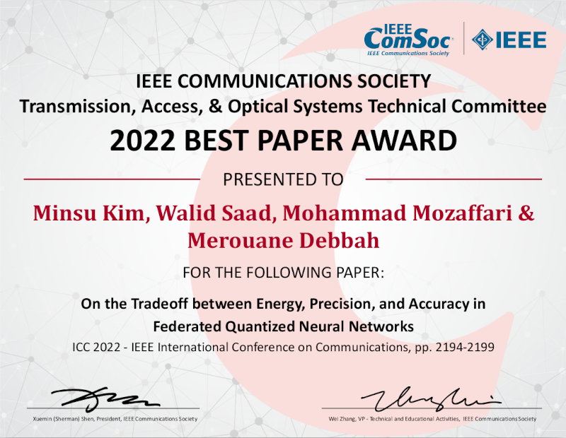 Best Paper Award in the ICC/Globecom 2022 Green Communications Systems and Networks Symposia