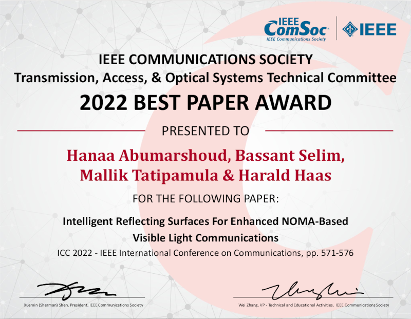 Best Paper Award in the ICC/Globecom 2022 Optical Networks and Systems Symposia