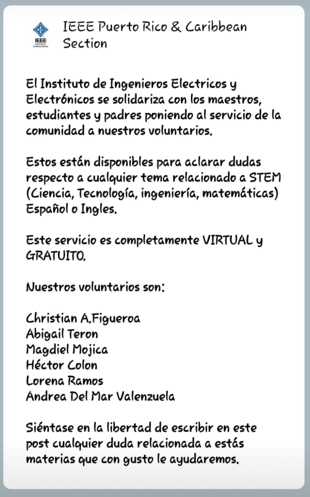 Solidarios Y Ofreciendo Servicios Voluntarios De Educacion Virtual Ieee Puerto Rico Caribbean Yp