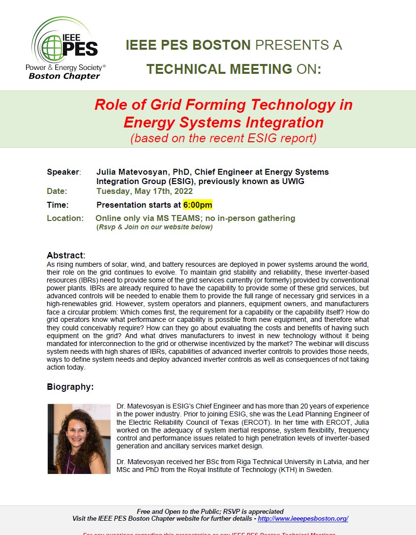 IEEE PES Boston - Technical Meeting on "Role of Grid Forming Technology in Energy Systems Integration" @ MS Teams