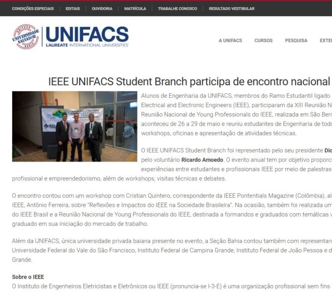 Participação do IEEE UNIFACS na RNR & RNYP 2016 é Notícia site da UNIVESIDADE SALVADOR